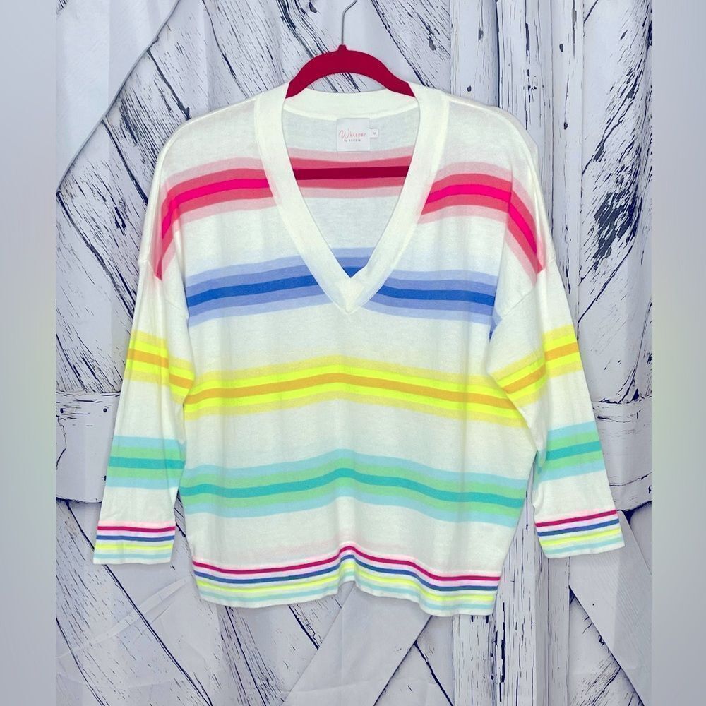 Whisper By Brodie V-Neck Long Sleeve Pullover Sweater Colorful Stripes Size S